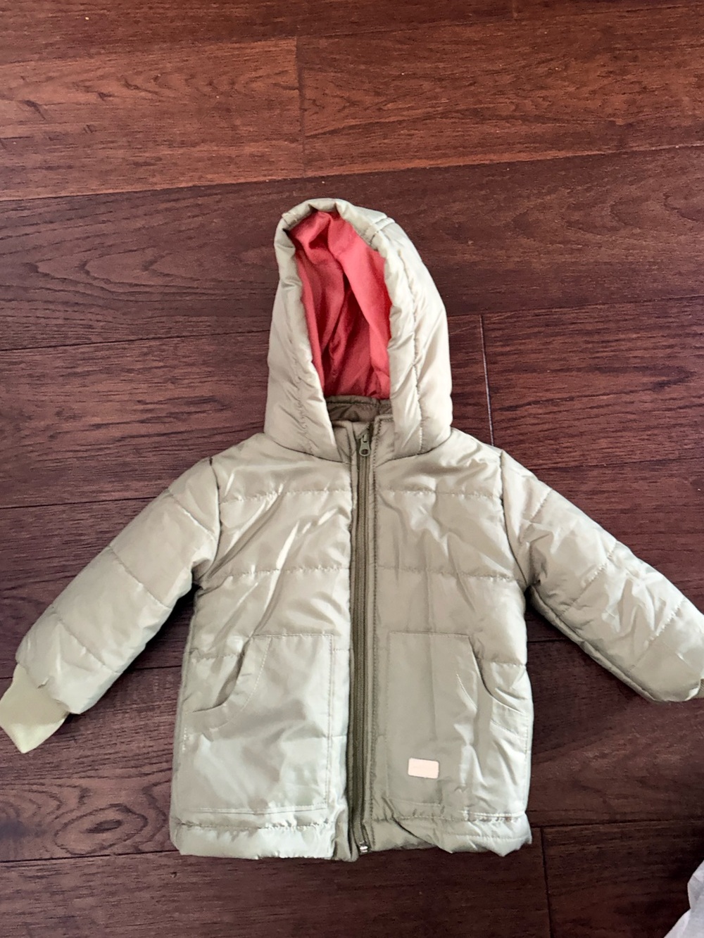 7 For All Mankind Kids Hooded Puffer Jacket - Olive Exterior with Coral Lining